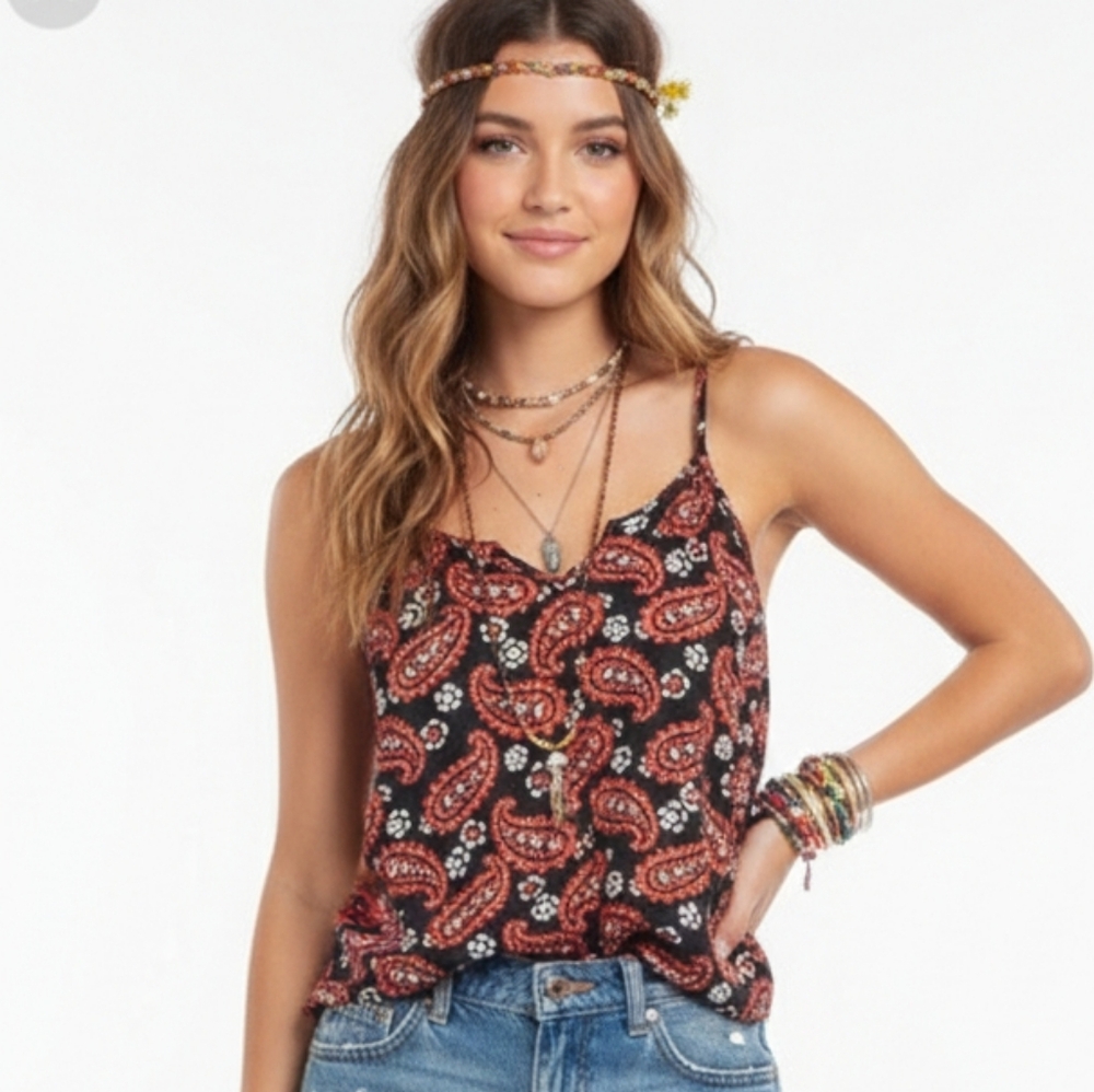 Aerie Tank Blue Orange Paisley Boho Festival Hippie L